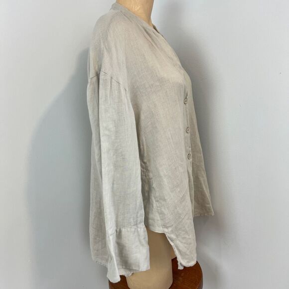 Zara Women's Small Beige Grey Linen Blend Long Sleeve Button Down Shirt Peasant - Picture 2 of 11